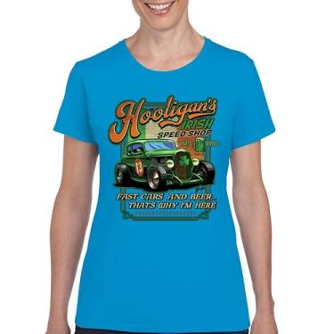 Imagem de Camiseta feminina Hooligan's Irish Speed Shop Dia de São Patrício Vintage Hot Rod Shamrock St Patty's Beer Festival, Azul claro, XXG