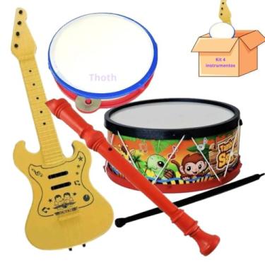 Imagem de Kit Tambor Infantil Pandeiro Guitarra Flauta 4 Instrumentos Musicais Menina Menino