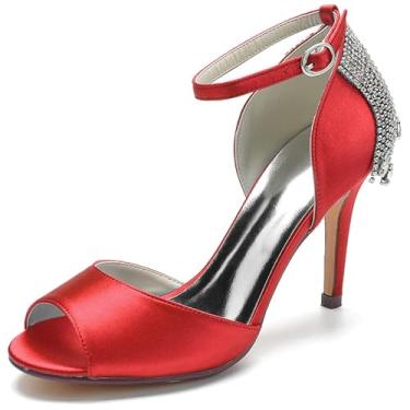 Imagem de GAGALU Sandálias femininas de bico redondo de bico aberto, borla de strass, fileira traseira com botões, sandálias de festa, Vermelho, 35