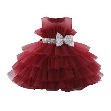 Imagem de Vestido de princesa tutu de malha de manga bufante para meninas, vestido de festa, laço de tule, camisa listrada, Vermelho, 5-6 Anos