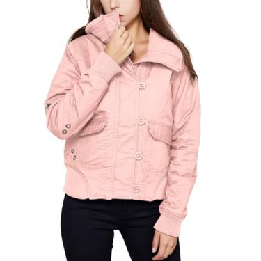 Imagem de ZHONKUI Jaqueta de inverno 2023 feminina, curta, caimento justo, acolchoado, jaqueta de transição corta-vento, rosa, XXG