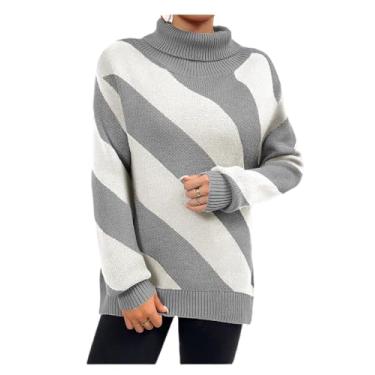 Imagem de Suéter feminino casual de malha de cor sólida, suéter casual de manga comprida, suéter feminino, Cinza, branco, G