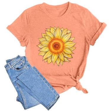 Imagem de Camisetas femininas com estampa de flores de girassol camisetas inspiradoras casuais Faith Shirt Tops, Y laranja, M