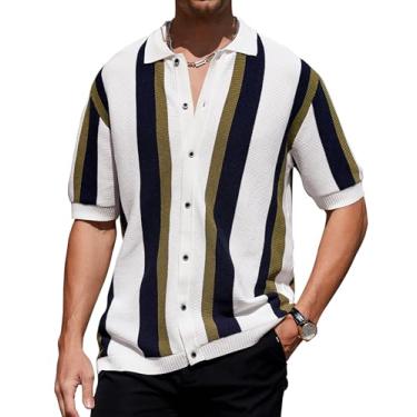 Imagem de Atforna Camisa polo masculina de malha vintage listrada manga curta abotoada leve golfe 2024 primavera verão, Azul-marinho e branco, P