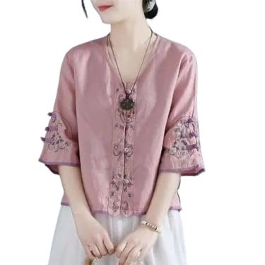Imagem de JYHBHMZG Camisa de algodão retrô bordada com botão de nó feminino verão chinês zen vestido de chá solto curto gola V top, rosa, G