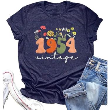Imagem de Camiseta feminina de 70º aniversário, vintage, 1954, estampa de flores de setenta aniversário, casual, presente de aniversário, camiseta de manga curta, Azul-marinho - 1hc, XG