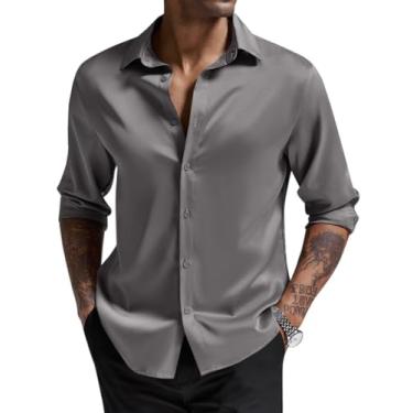 Imagem de Runcati Camisa social masculina de cetim de seda de manga comprida com botões de luxo para festas de negócios, Cinza, G