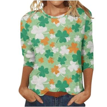 Imagem de Camiseta feminina do Dia de São Patrício com estampa da bandeira irlandesa americana túnica verde manga 3/4 camisetas tops, Amarelo, P