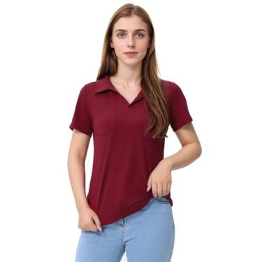 Imagem de Cnlinkco Camisas polo femininas de secagem rápida, gola V, casual, com bolso, camisa de manga curta, Vinho tinto, XXG