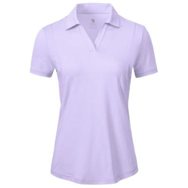Imagem de BGOWATU Camisa polo feminina de golfe de manga curta com gola V, gola V, proteção UV, ajuste seco, Roxo claro, XXG