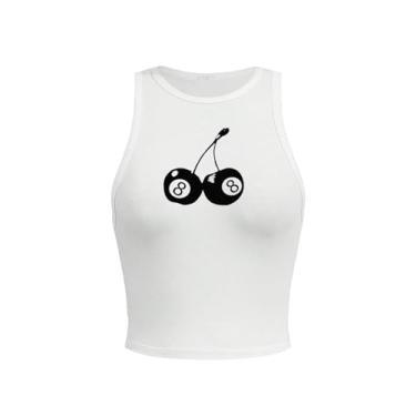 Imagem de Floerns Camiseta feminina casual gola redonda estampa cereja sem mangas cropped, Branco, PP