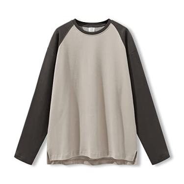 Imagem de TAOTAOKE Camiseta masculina casual de algodão manga longa beisebol color block solta dividida manga longa camisa inferior, Marrom (Sand Brown), M