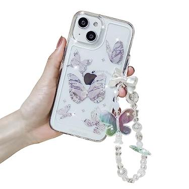 Imagem de Uioeua Capa de borboleta compatível com iPhone 13/14 para amortecedor de silicone macio + placa de acrílico transparente com linda capa de corrente de cristal brilhante de luxo para iPhone 13/14