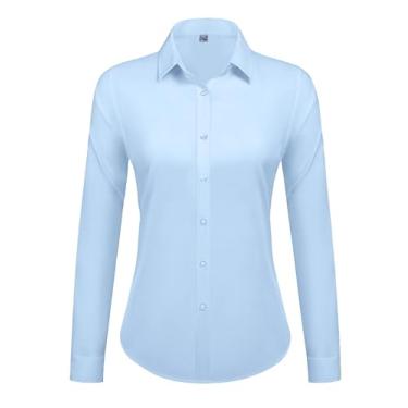 Imagem de siliteelon Camisas sociais femininas com botões de manga comprida, camisas de trabalho, modelagem regular, camisas sociais de algodão, Azul bebê, XXG