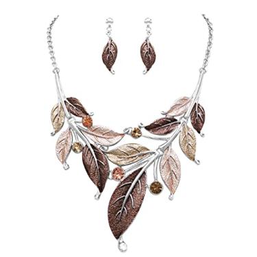 Imagem de Rosemarie Collections Conjunto feminino de brincos de colar de cristal com videira e folhas imbatíveis, 35,5 cm + 3 extensores, Metal Metal Esmalte, Vidro
