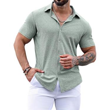 Imagem de URRU Camisa social masculina de manga curta slim fit stretch casual abotoada, Verde, P