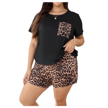 Imagem de SOLY HUX Pijama feminino plus size, estampa de leopardo, camiseta e shorts de manga curta, Leopardo multicolorido, 3X-Large Plus