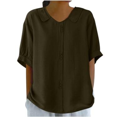 Imagem de Túnica feminina de algodão e linho de manga curta camisetas casuais soltas com gola de cor sólida confortáveis blusas básicas de outono, Marrom, P