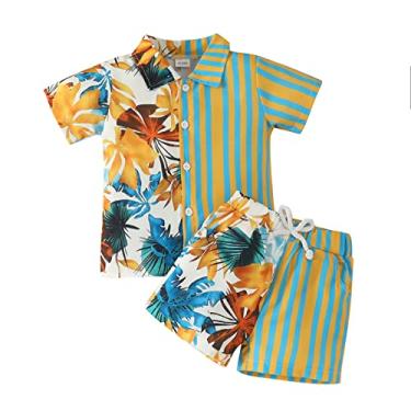 Imagem de Camiseta infantil para meninos, manga curta, listrada, patchwork, estampa floral, shorts, shorts juvenis, grandes para meninos, Verde, 18-24 Meses