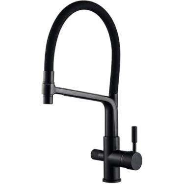 Imagem de Torneiras de cozinha de 3 vias, torneiras para beber, filtro removível, pia, misturador, purificador de água, estilo moderno, latão, bico giratório 360°, preto