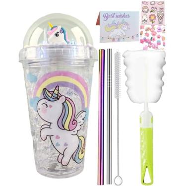 Imagem de seelucky Copo de viagem de unicórnio com canudo brilhante copo de gelo freezer caneca copo de plástico piquenique festa presente de aniversário (unicórnio arco-íris 1, 450)