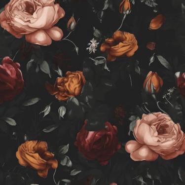Imagem de Papel de parede floral escuro descascar e colar, papel de contato preto vintage laranja/rosa rosa, à prova d'água, autoadesivo, flor, boho, papel de parede para quarto, banheiro, estante, prateleira,