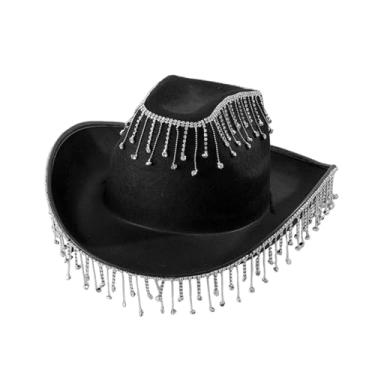 Imagem de kowaku Chapéu de cowboy ocidental para mulheres, chapéu de jazz com borla de strass, chapéu de cowgirl para festival, casamento, dramatização, praia de, preto
