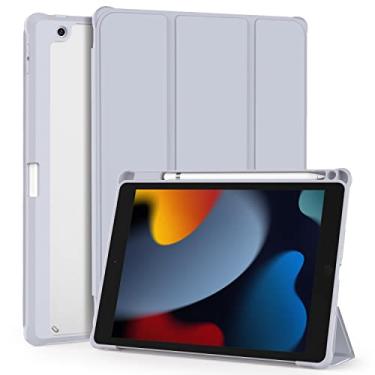 Imagem de OKP Capa para iPad 9ª/8ª/7ª geração (2021/2020/2019), iPad 10,2 polegadas com suporte triplo, capa fina para iPad 9/8/7ª geração com suporte para lápis para crianças, mulheres, homens, capa traseira transparente, prata