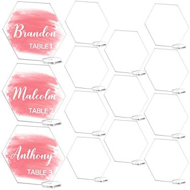 Imagem de 30 peças de cartões de acrílico hexagonais transparentes com suportes, cartões de acrílico em branco DIY para nomes, placas de acrílico, autônomos de convidados de casamento, cartões de acompanhante,