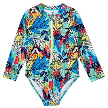 Imagem de Maiô Manga Longa Infantil Onça Tropical Verde Água Tip Top