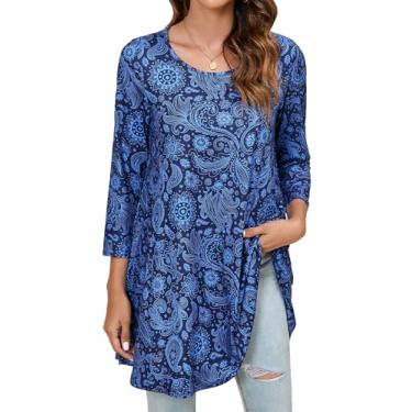 Imagem de ENMAIN Blusa feminina de manga 3/4, elegante, casual, plus size, túnica para usar com leggings rodada, camiseta rodada, blusas soltas, Floral azul marinho, 3G