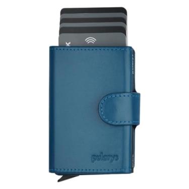 Imagem de pul pularys Mini carteira de couro italiano com porta-cartão bloqueador RFID, azul, P, Leitor de azul/palma, S, Minimalista