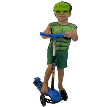 Imagem de Patinete Radical Menino 3 Rodas 40Kg + Fantasia Máscara Hulk - DM Toys