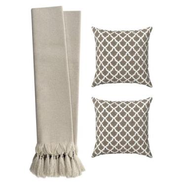Imagem de Kit 2 Capas De Almofadas 45x45 Geométricas Bege Cru + Manta Para Sofá 