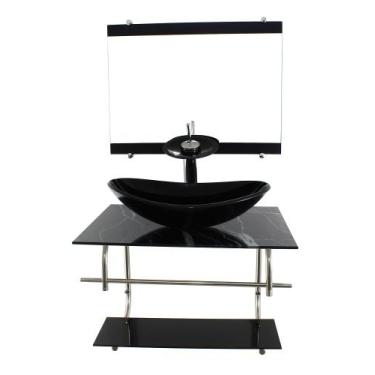 Imagem de Gabinete de vidro inox para banheiro 60cm oval mármore preto - Cubas e