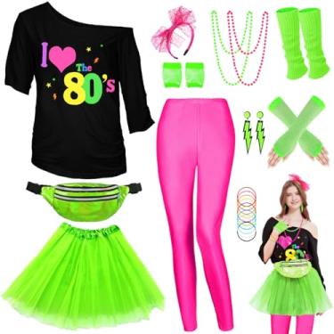 Imagem de WlLDPARTY Conjunto de acessórios de fantasia feminina anos 80, camiseta, leggings, saia tutu, pochete para faixa de cabeça, luvas arrastão, Leggings-pink-plus, X-Large