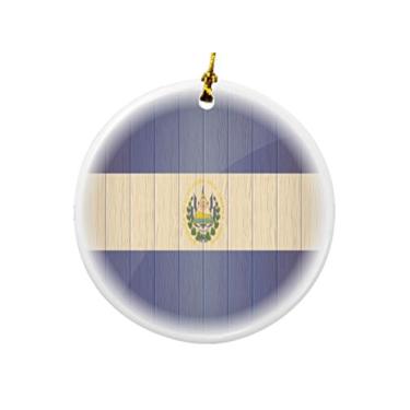 Imagem de Rikki Knight Bandeira El Salvador em madeira envelhecida ornamentos de Natal em dois lados de porcelana redonda