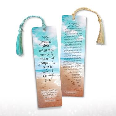 Imagem de Marcador de livro Footprints in the Sand – Pacote com 12, 2 lados, marcador bíblico inspirador cristão com borlas, marcadores religiosos em massa para leitura, 18,4 cm x 5 cm (12 marcadores)