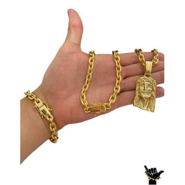 Imagem de Corrente Cadeado 10mm + Pulseira + Pingente - Banhado a Ouro - ToJoia1