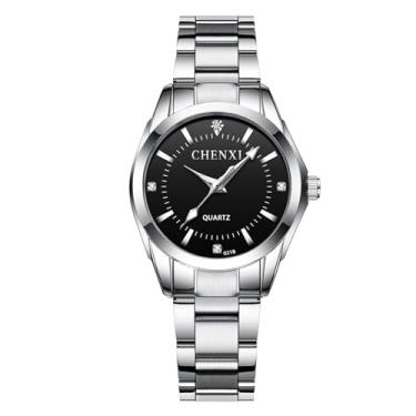 Imagem de Verhux Relógios femininos prateados, pequenos, de aço inoxidável, à prova d'água, elegante, mostrador rosa e azul, Relógios femininos 021 com mostrador preto