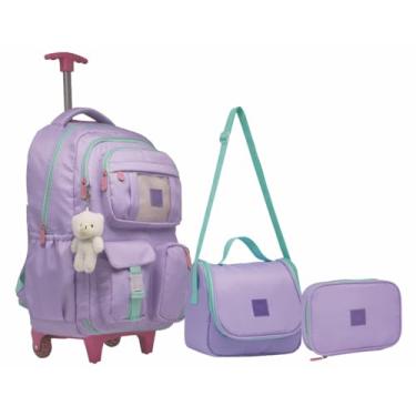 Imagem de Kit Mochila Feminina De Rodinha Juvenil Escolar Com Chaveiro Urso Abertura 180° (Lilás)