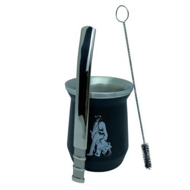 Imagem de Kit tereré cuia copo redondo 350ml alumínio parede dupla preto + bomba