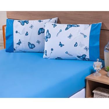 Imagem de Jogo Lençol Casal Super King Size (2,00m x 2,00x 50) 3 Peças 150 Fios 100% Algodão (borboleta azul)