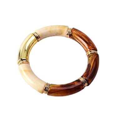 Imagem de GOOJIDS Pulseira simples com contas banhadas a ouro grosso tubo de bambu curvado empilhável contas coloridas de acrílico transparente conjunto de pulseiras banhadas a ouro para mulheres, 6.6 inches