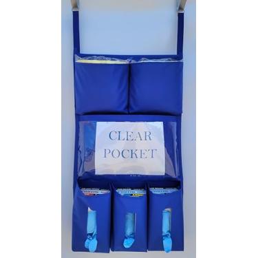 Imagem de It's Sew EZ Suporte de porta de isolamento para equipamento de proteção pessoal (EPI) – 6 bolsos – NFPA-701 Oxford de nylon retardante de fogo com dois ganchos de aço inoxidável incluídos (azul royal,