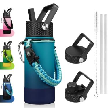 Imagem de BJPKPK Garrafa de água com tampa de palha, garrafas de água isoladas de 510 g com 3 tampas, alça de paracord e bota antiderrapante, garrafa de água de aço inoxidável de metal, garrafa térmica à prova