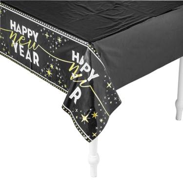 Imagem de Fun Expess Toalha de mesa de plástico descartável retangular preta, branca e dourada 137 cm x 274 cm