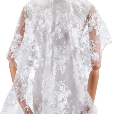 Imagem de MAYJOYDIY 1 jarda 1,3 m de largura tecido de renda de flor branca com folhas florais bordadas em renda acessórios de casamento vintage tule para vestidos de casamento DIY meia saia vestido cortinas