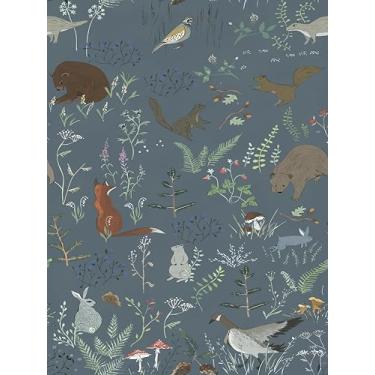 Imagem de WalRiddle Papel de parede azul escuro cinza pássaro suirrel urso plantas floresta descascar e colar papel de parede fácil de remover adesivo à prova d'água para locatário