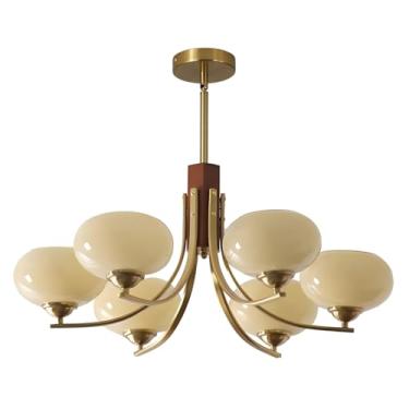 Imagem de BOKT Luminárias Pendentes De Teto Vintage Lustre Sputnik Dourado De 6 Luzes Lustre Nórdico Amarelo-Leite Lustres Sputnik De Meados Do Século Lustres De Teto De Globo De Fazenda Com Altura Ajustável